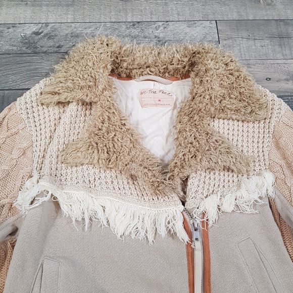 Free People Cozy Knit Mix Moto Jacket Medium UK 12 Ivory Neutral Boho BN - Picture 3 of 12